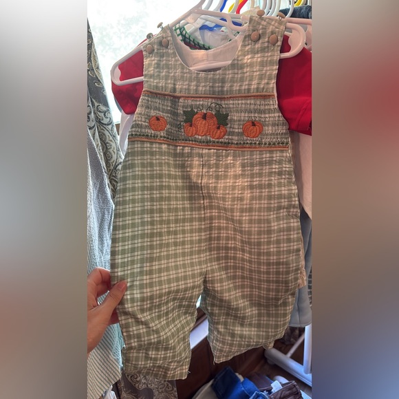 Kids Plaid Overalls with Pumpkin Embroidery - Picture 1 of 1